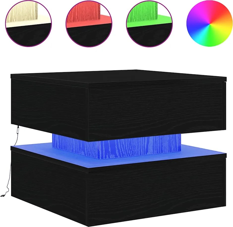 vidaXL fekete tölgyszínű dohányzóasztal LED-lámpákkal 50 x 50 x 40 cm