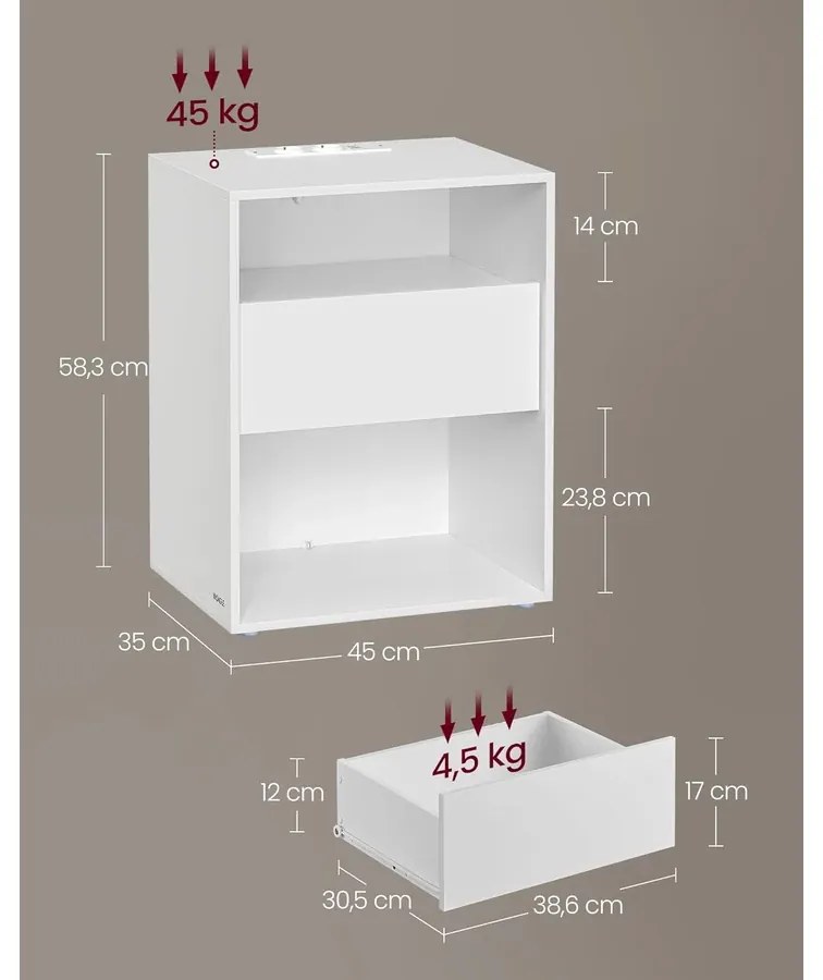Ultragyors összeszerelésű, éjjeliszekrény, kisasztal elosztóval és fiókkal, matt fehér