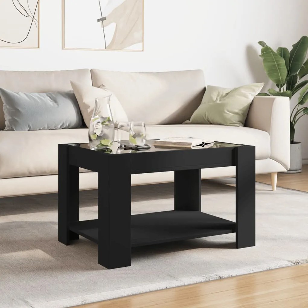 Fekete szerelt fa dohányzóasztal LED-del 73 x 53 x 45 cm