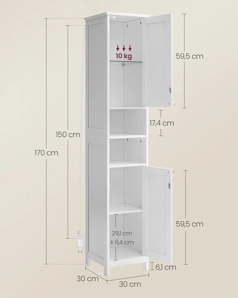 Magas és keskeny fürdőszobai szekrény világításal 170x30x30 fehér színben