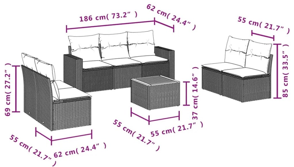 8 részes fekete polyrattan kerti ülőgarnitúra párnákkal