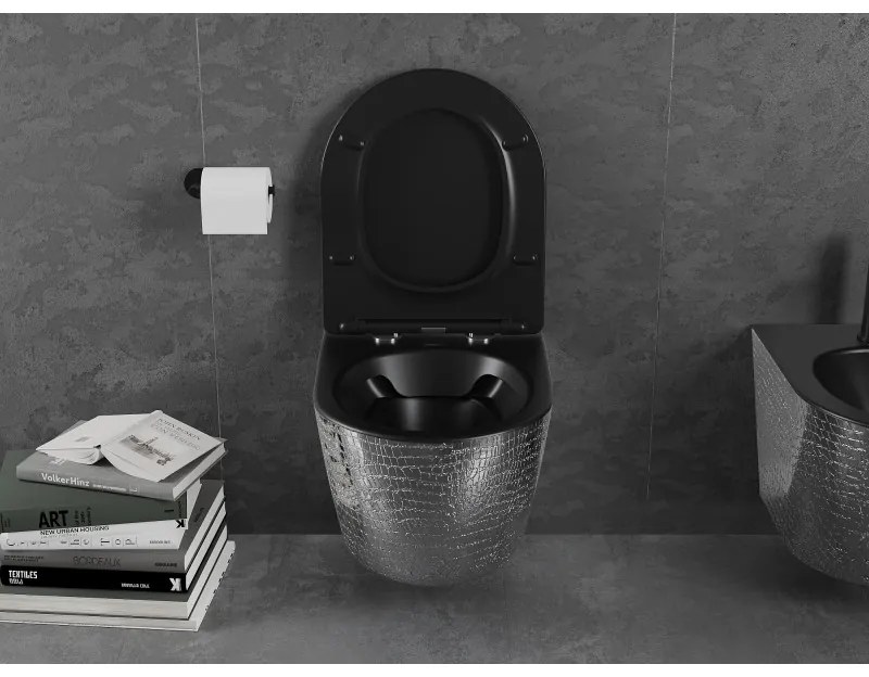 Mexen Lena, függő wc csésze 480x360x355 mm lassan süllyedő ülőfelülettel, matt fekete - ezüst mintás, 30224072