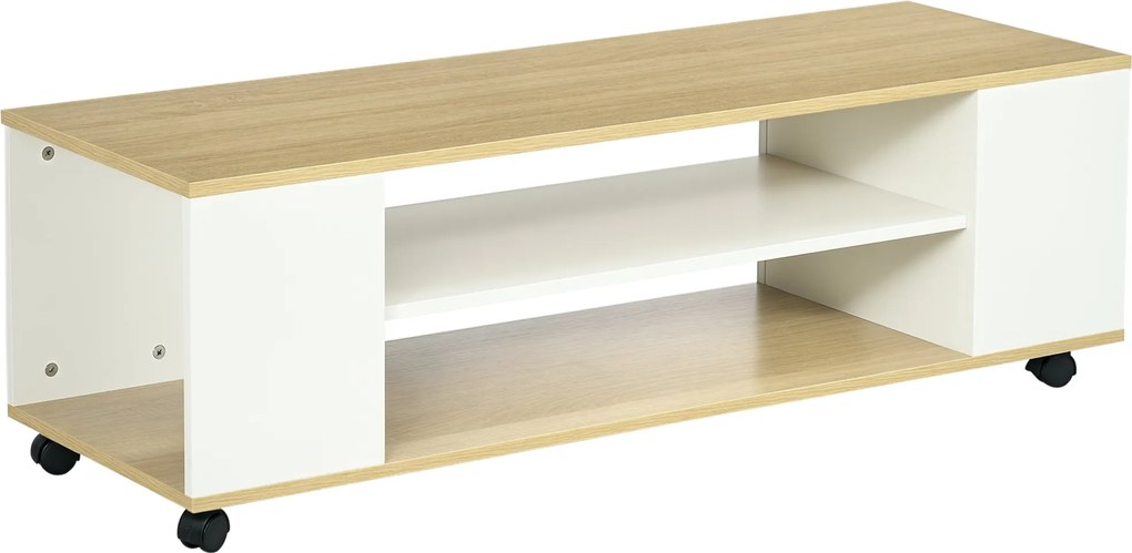 HOMCOM TV állvány kerekekkel - Floating TV állvány 2 tárolópolccal 55 hüvelykes tévékhez - 120x40x38.5 cm Fehér | Aosom