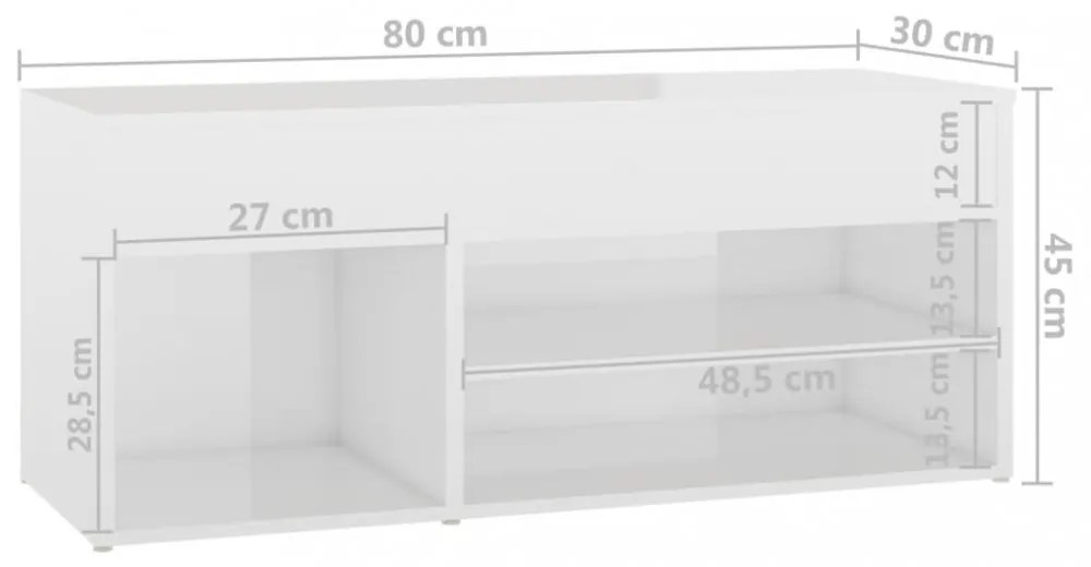 magasfényű fehér szerelt fa cipőtároló pad 80 x 30 x 45 cm
