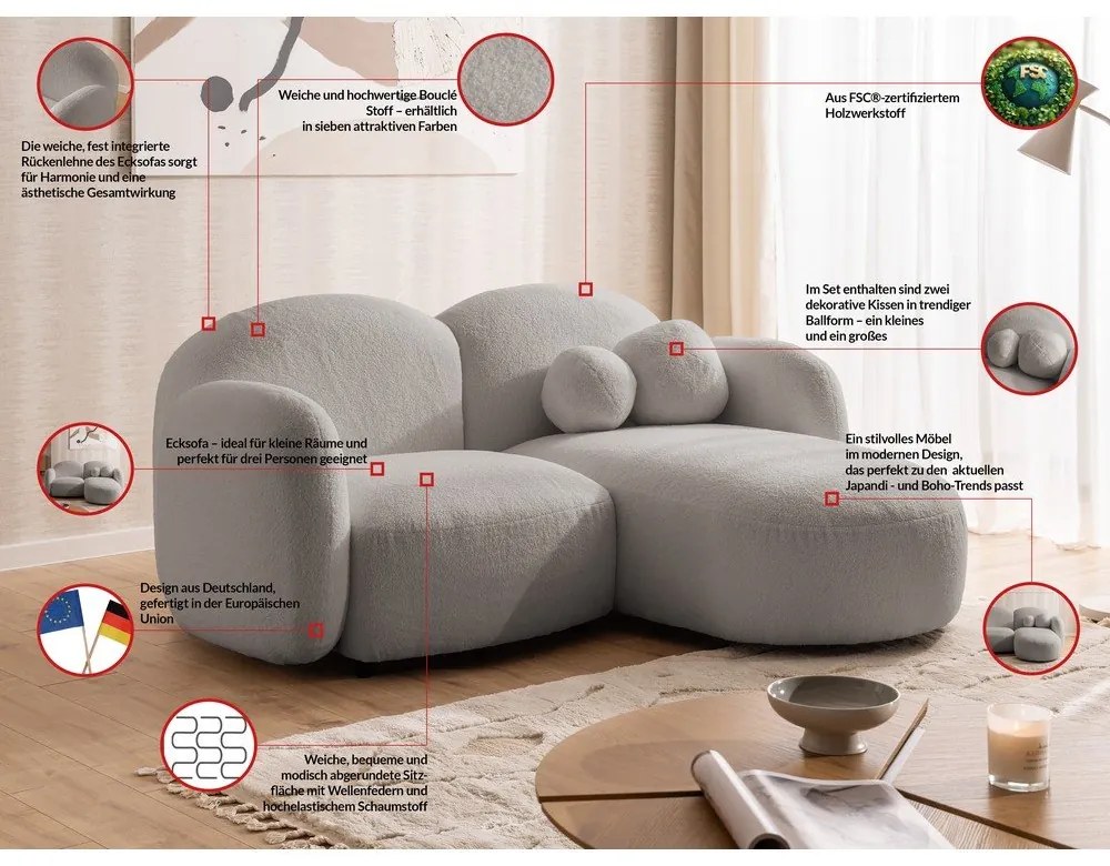 Szürke buklé sarokkanapé (jobb oldali-heverő résszel) Orbit – Ropez