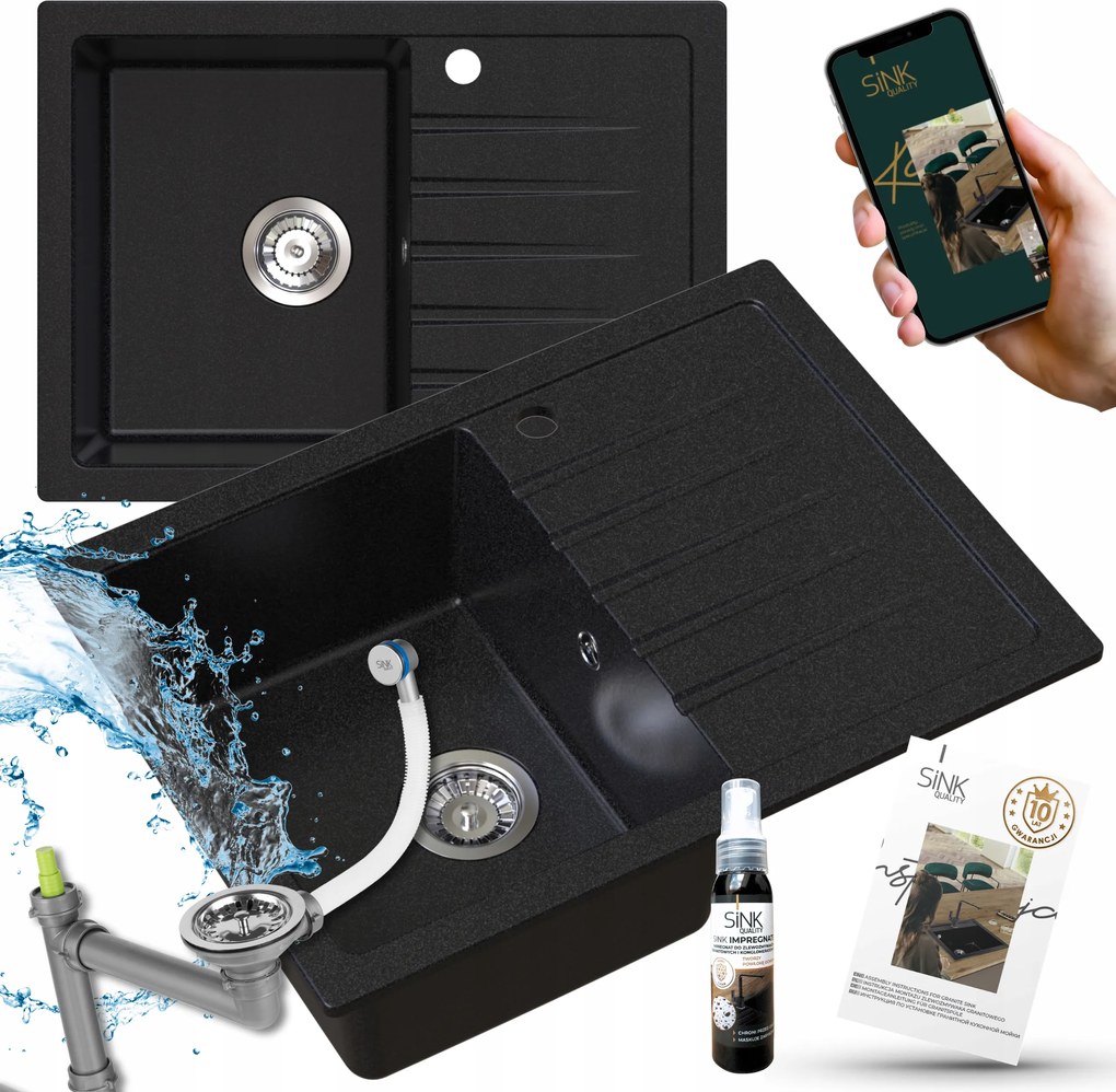 Gránit Mosogató 68x50 Fekete Pöttyös Titanite+krómozott Szifon 7in1