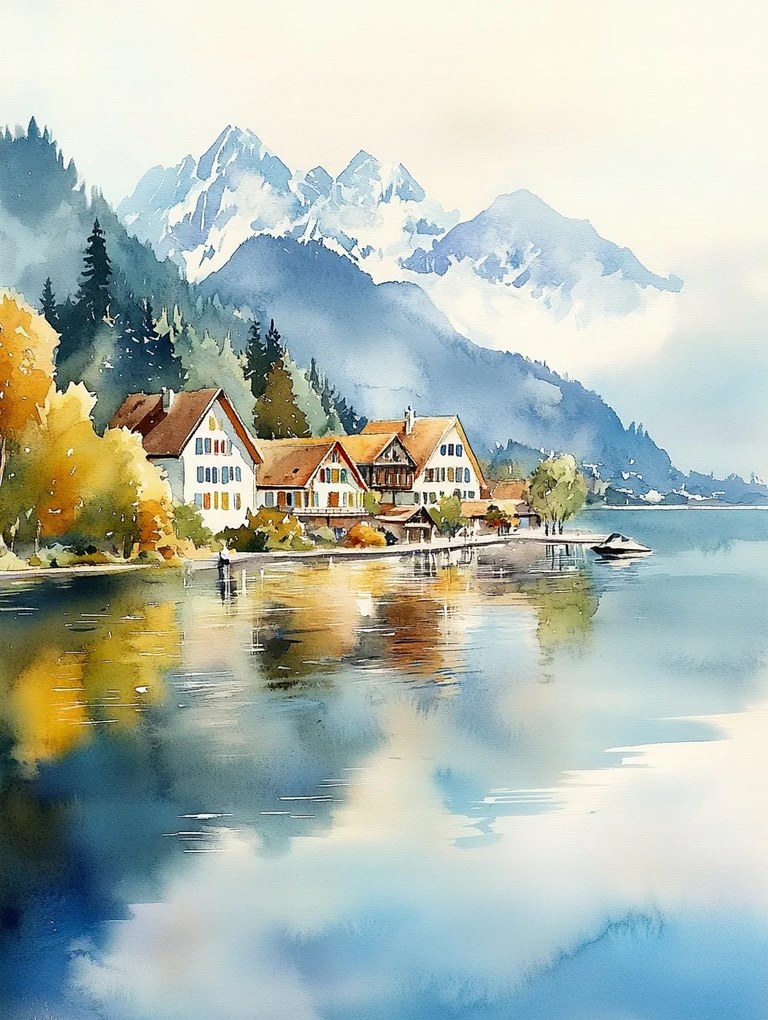 Vászonkép Canvas Tájkép Ősz Hegyek Alpok Tó Házikók 75x100