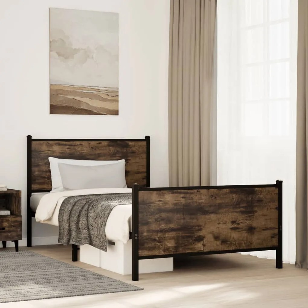 füstös tölgy színű fém ágykeret matrac nélkül 107 x 203 cm