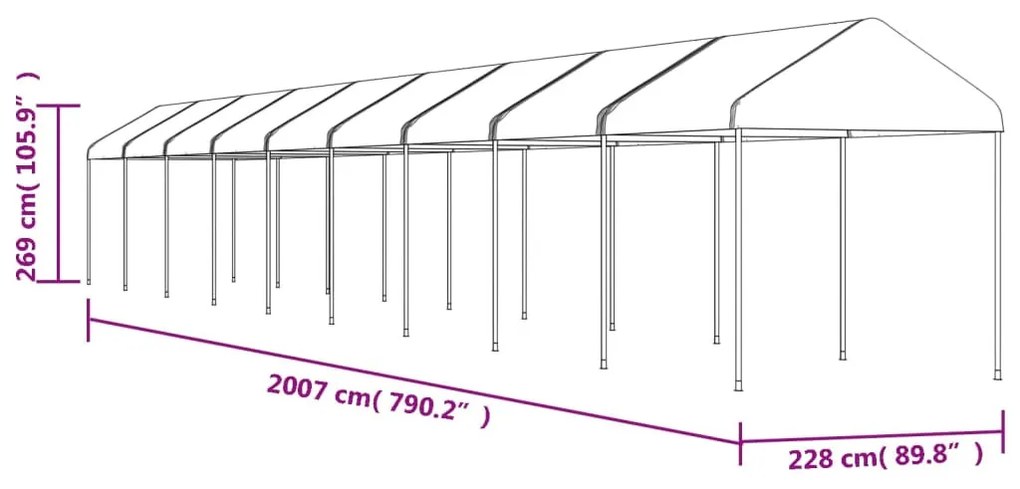 Fehér polietilén pavilon tetővel 20,07 x 2,28 x 2,69 m