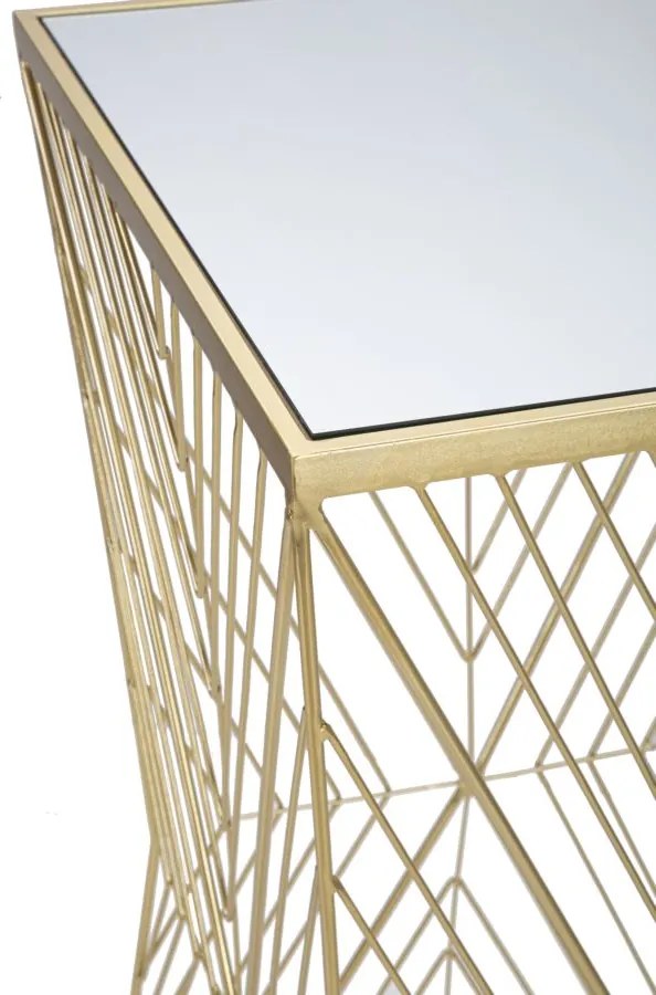 Fém kocka lerakó asztal geometrikus mintával és tükörlapos üveglappal