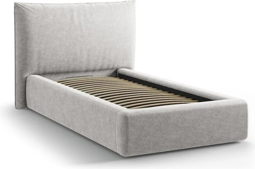 Világosszürke kárpitozott ágyneműtartós egyszemélyes ágy ágyráccsal 90x200 cm Kaelle – Micadoni