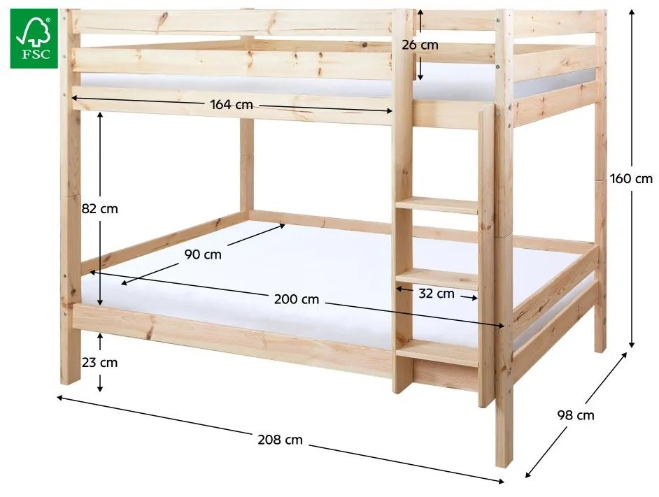 Gyerek emeletes ágy 90 cm Braceaba (tömör fenyőfa) (ágyráccsal). 1116246