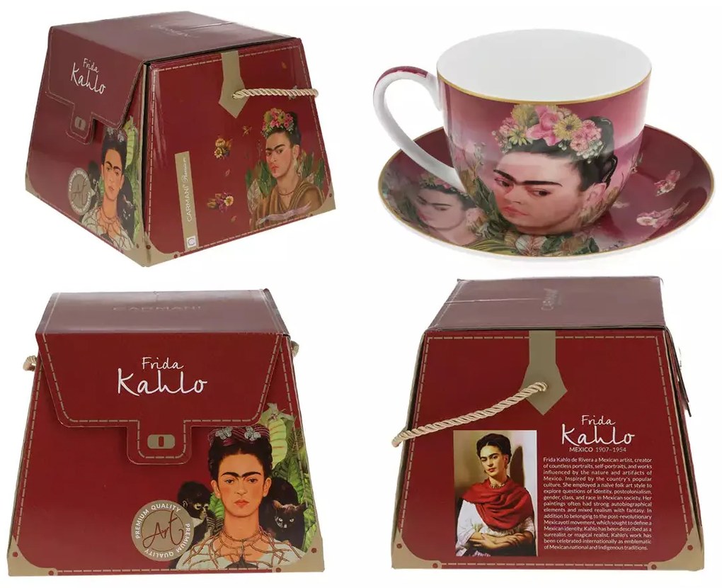 Porcelán csésze aljjal Frida Kahlo virágkoronás díszdobozban