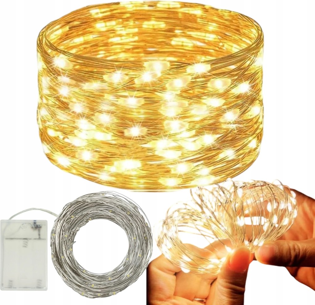 Drót Lámpa 50LED Meleg Fehér Fény Mirko Damil Elemes Fény