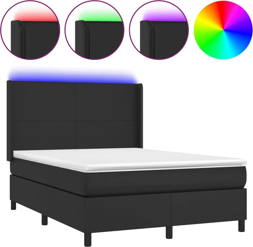 vidaXL fekete műbőr rugós ágy matraccal és LED-del 140 x 190 cm