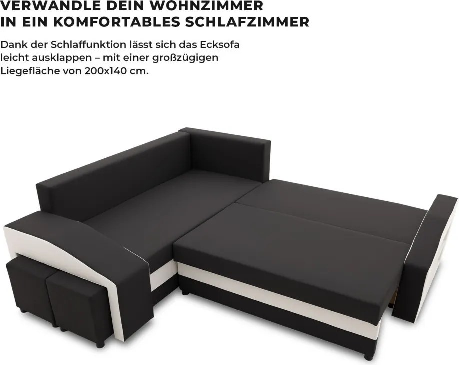 Grande sarokkanapé polcokkal és puffokkal , polc a jobb karfaban puffok a bal karfaban, baloldali, szövet anyag, hab töltet, fekete - fehér