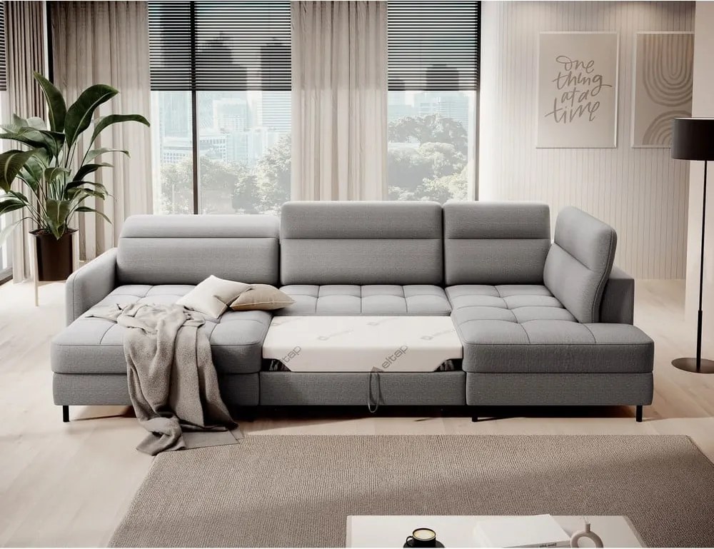 Világosszürke bársony kinyitható-tárolóhelyes sarokkanapé (jobb oldali-U alakú) Berrto – ELTAP