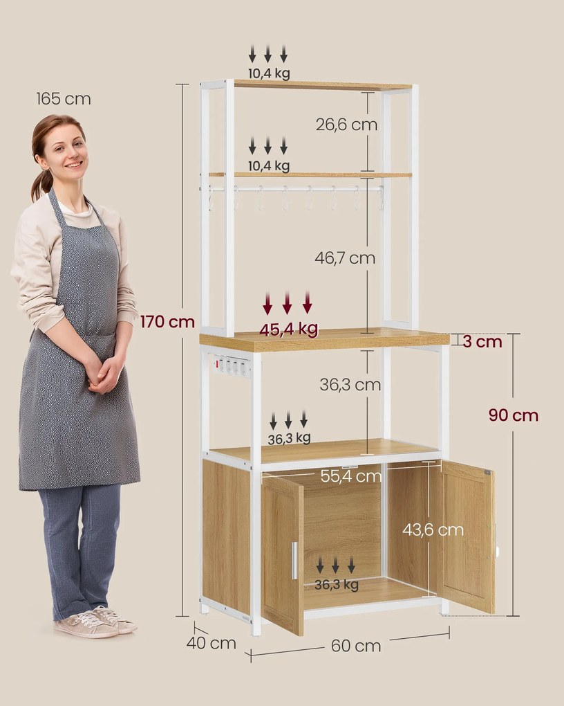 VASAGLE konyhai polc beépített konnektorral 40×60×170 cm, tölgy-fehér