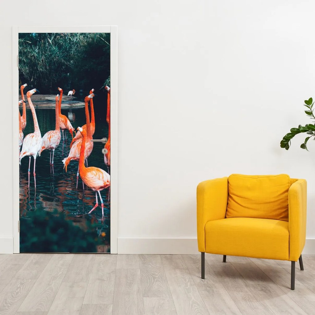 Fotótapéta ajtóra - Flamingócsorda (95x205cm)