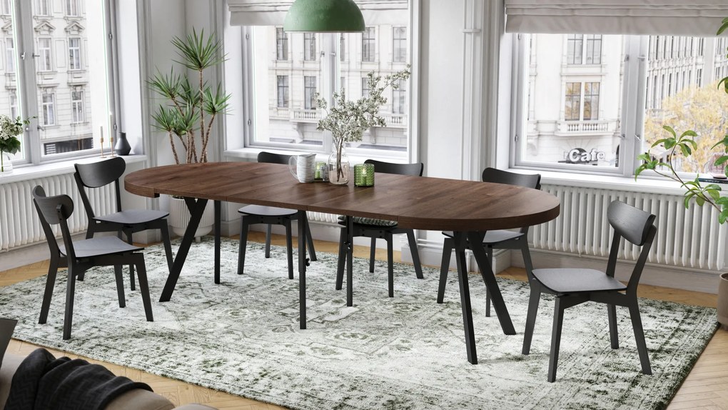 Mazzoni EXPANSO Barna Tölgy/fekete lábak - LOFT/IPARI STÍLUSÚ 310 cm-re BŐVÍTHETŐ NAGY KEREK ASZTAL Ø110 Y LÁBAKKAL