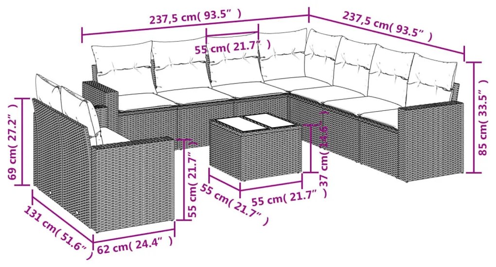 10 részes szürke polyrattan kerti ülőgarnitúra párnákkal