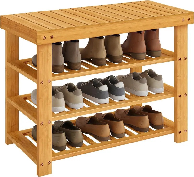 SONGMICS bambusz cipőpad 3 polccal, 70 x 28,7 x 52 cm, természetes színű