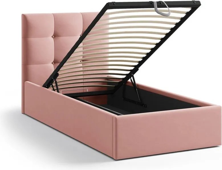 Rózsaszín kárpitozott ágyneműtartós egyszemélyes ágy ágyráccsal 90x200 cm Phaedra – Micadoni