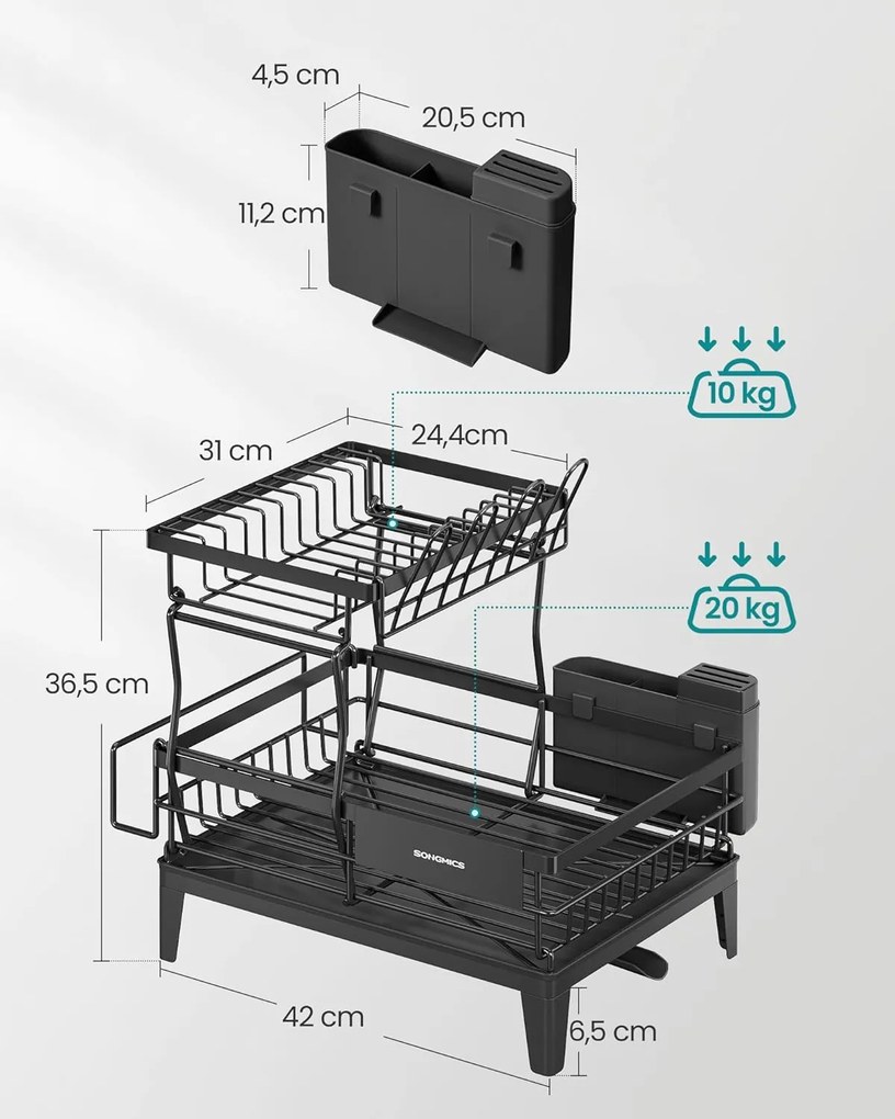 SONGMICS kétszintes edényszárító, 360° vízelvezetés, tintafekete