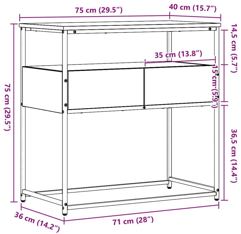 Konzol Asztal Régi Fa 75x40x75 cm Mérnöki Fa és Acél