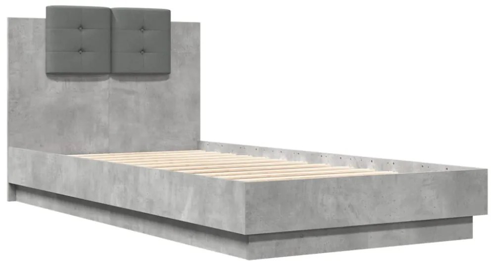 betonszürke szerelt fa ágykeret fejtámlával 90 x 190 cm