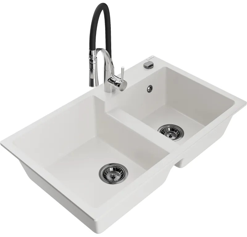 Mexen Tomas, 2 kamrás gránit mosogató 800x500x190 mm és Aster mosogató csaptelep, fehér, 6516-20-73450-07-B