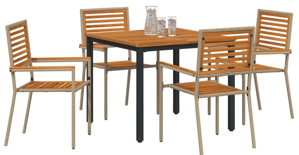 5 Darabos Kerti Étkezőkészlet Bézs Poli Rattan Akácia, Rakható Kerti Székek Párnával - 2-es Készlet Bézs Poli Rattanban, Kerti Asztal 90x90x75 cm Szilárd Akácfából és Fém