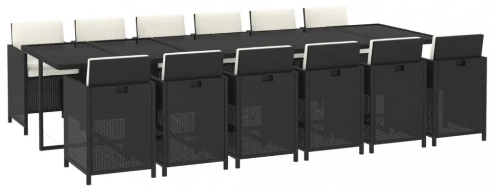 13 részes fekete polyrattan kerti étkezőgarnitúra párnákkal