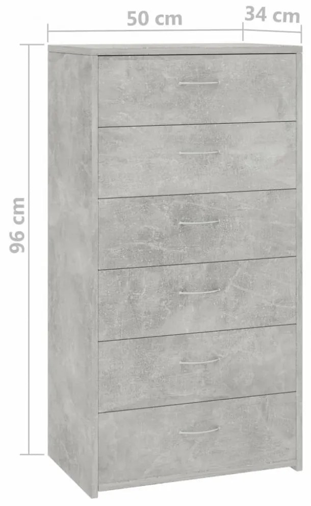 6-fiókos betonszürke szerelt fa tálalószekrény 50 x 34 x 96 cm
