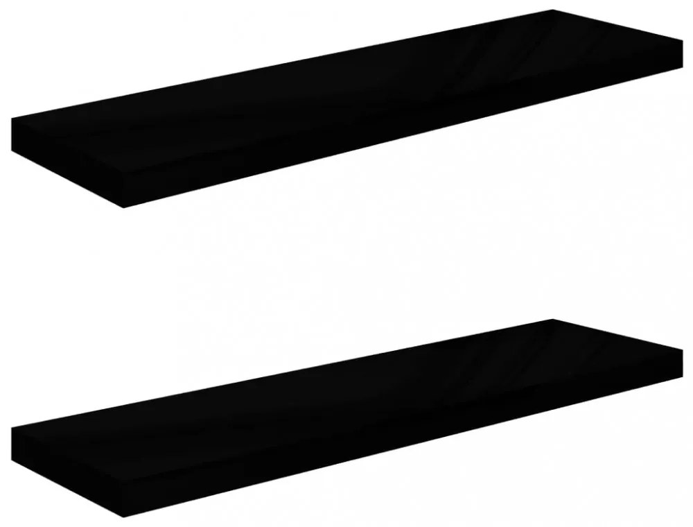 2 db magasfényű fekete MDF lebegő fali polc 90 x 23,5 x 3,8 cm