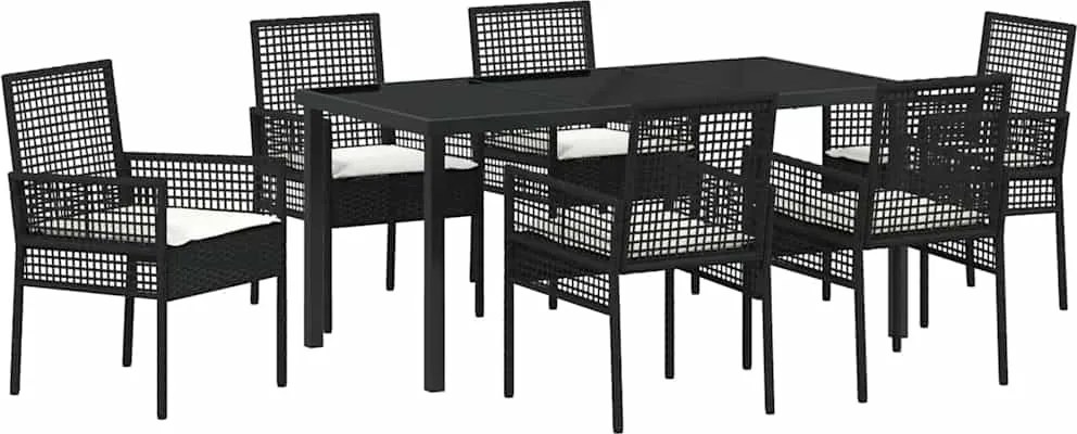 vidaXL Kert étkező szett párnával 7 pcs Fekete polirattan