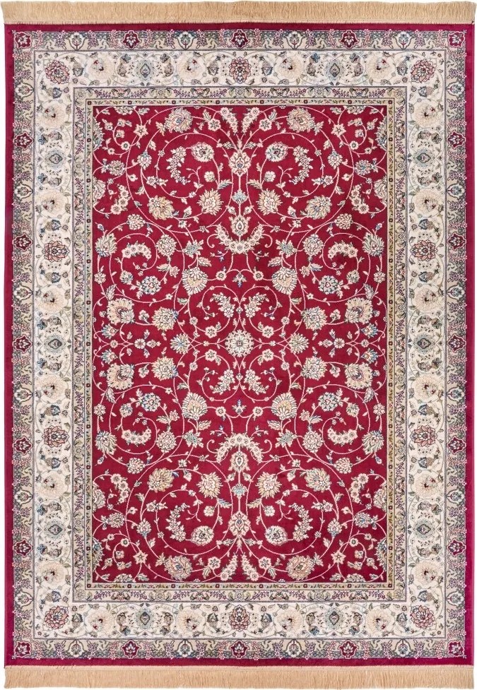 Nappali szőnyeg 195x300cm, klasszikus piros-krém mintás, rojtokkal