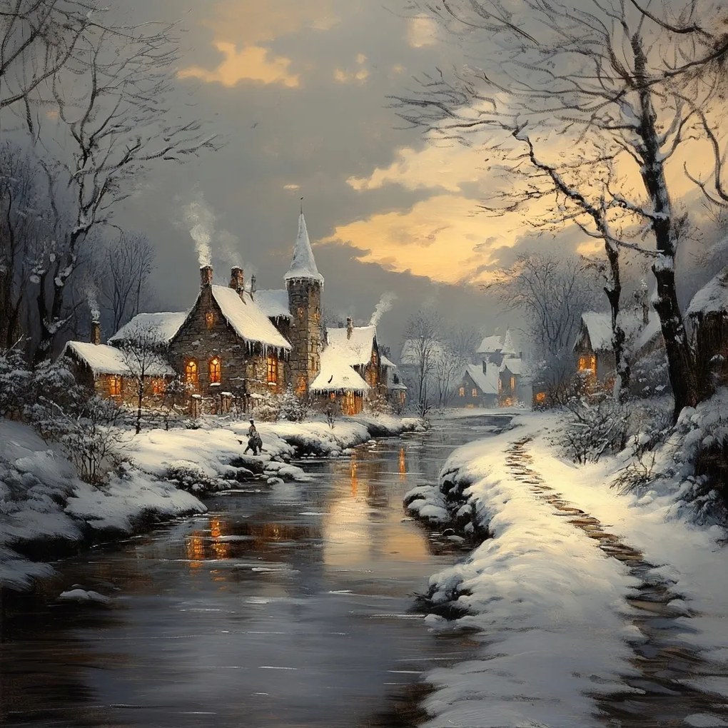 Vászonkép Canvas Tájkép Város Folyó Házak Tél Hó Fagy 40x40