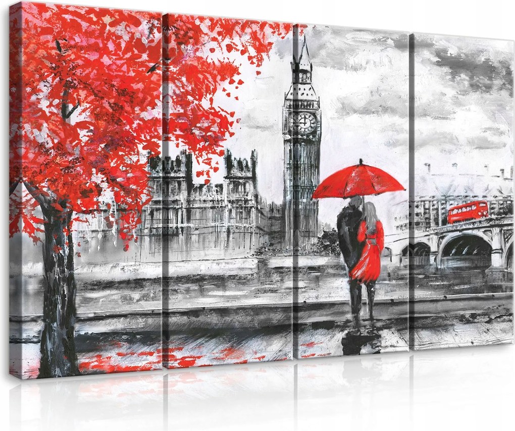 Vászonkép 120x80 London Big Ben pár eső város ősz szerelem piros