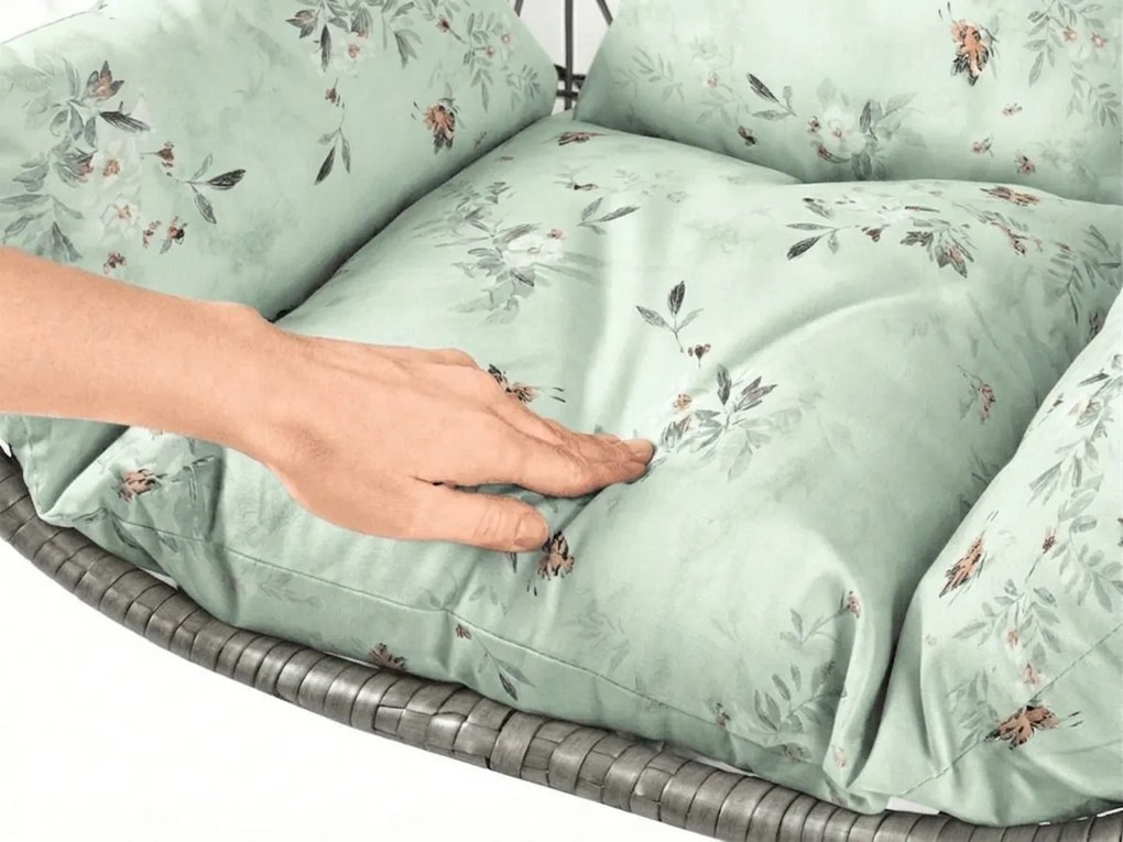 Szürke függőszék KOKON állvánnyal, világoszöld mintás párnával