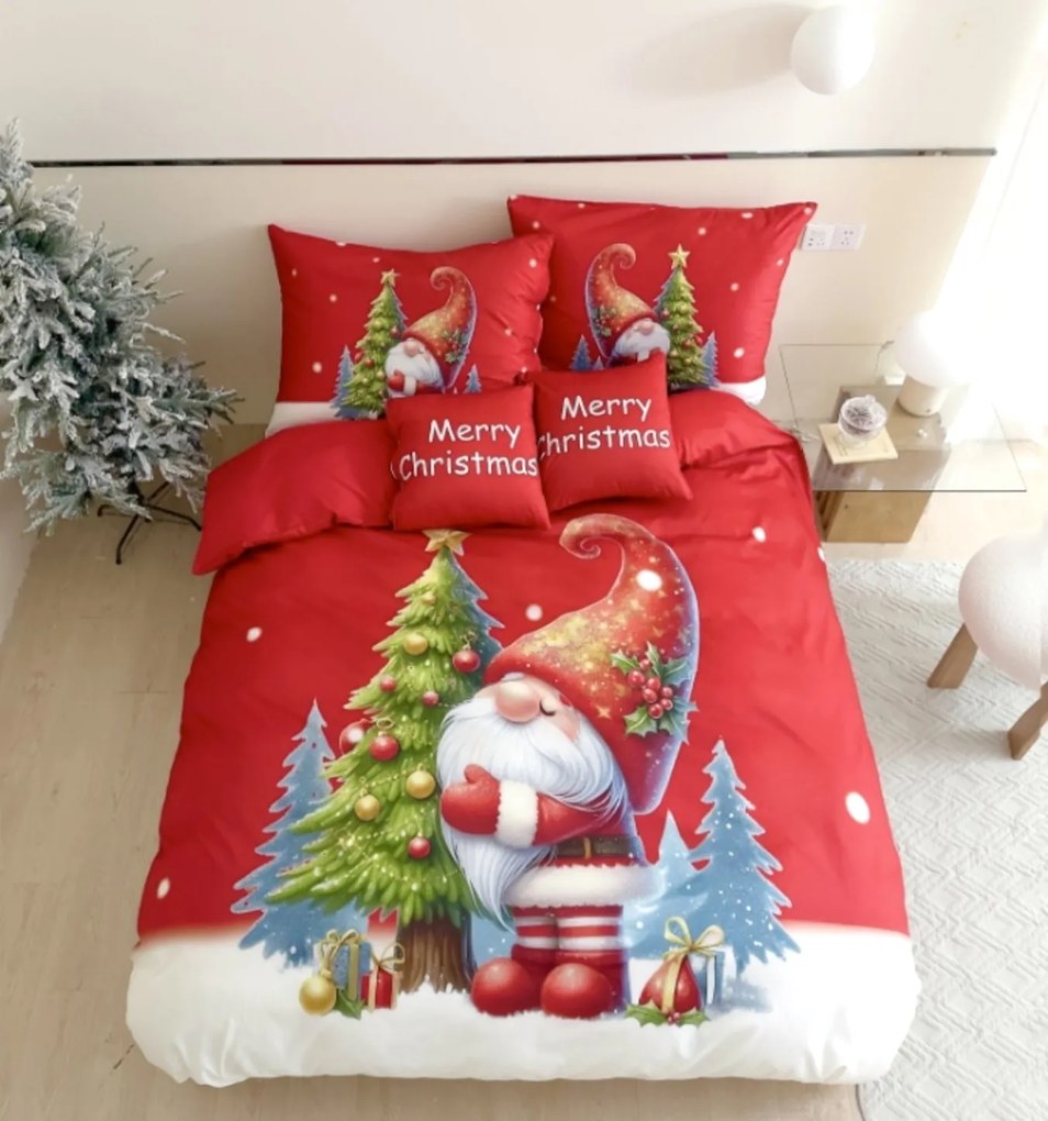 3 részes karácsonyi flanel lepedők 3D polipamut piros törpe 200x140cm+90x70cm TiaHome