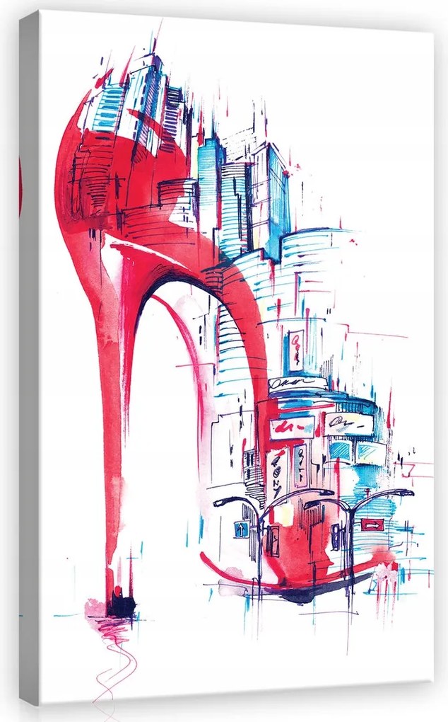 Vászonkép 60x80 Város magassarkú piros kék sziluett panoráma divat stílus