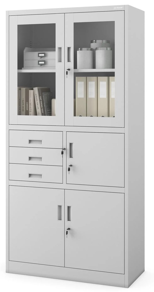 Fém iratszekrény széffel, vitrinnel és fiókokkal FILIP, 900 x 1850 x 400 mm, szürke
