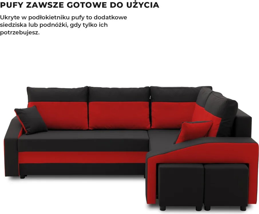 Grande sarokkanapé polcokkal és puffokkal , polc a bal karfaban puffok a jobb karfaban, jobboldali, szövet anyag, hab töltet, fekete - piros