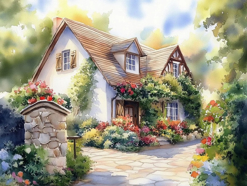 Vászonkép Canvas Tájkép Ház Kert Virágok Falu IDILL IDILLI 100x75