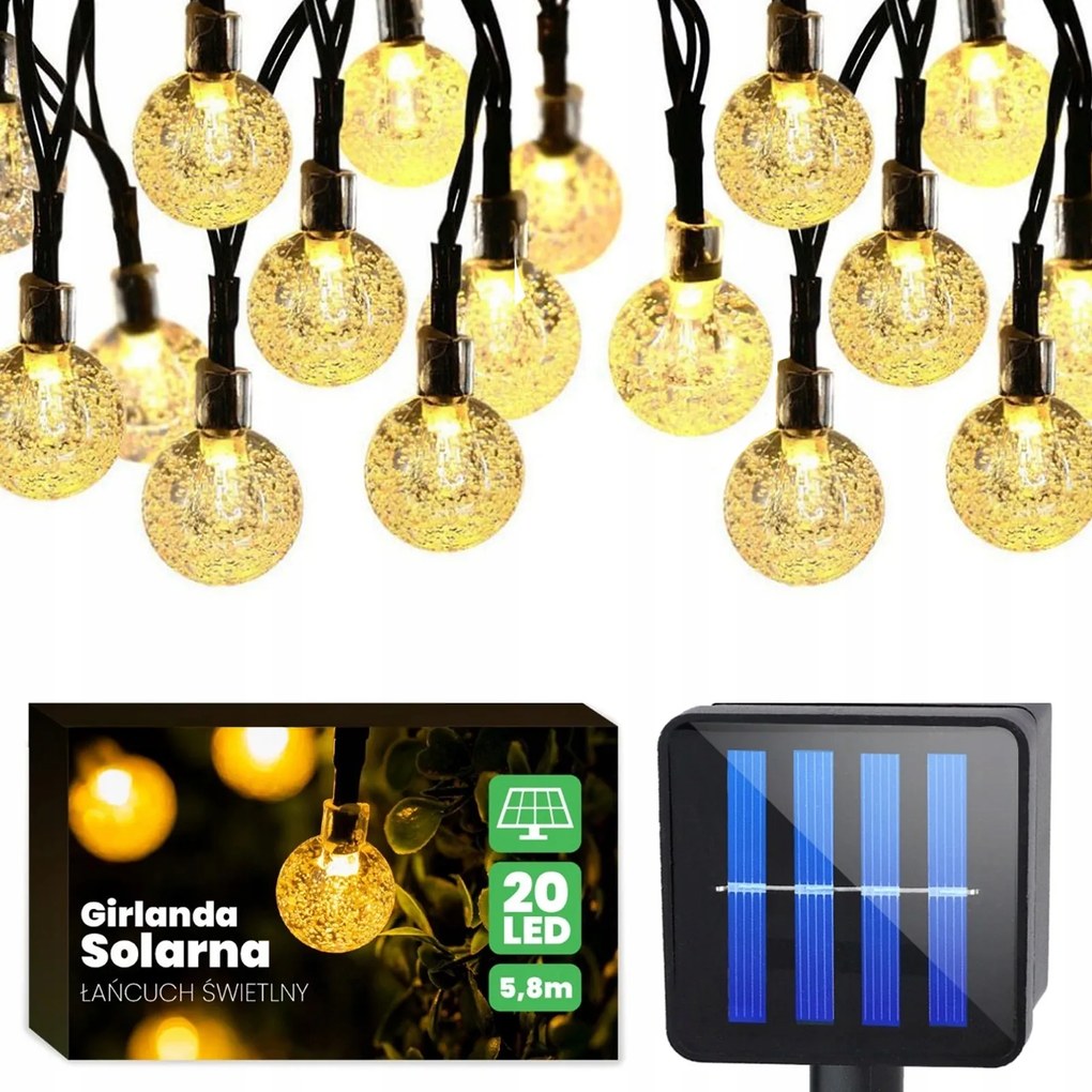 Napelemes girland Kerti Lámpák Díszes Fénylánc Golyók 20x Led