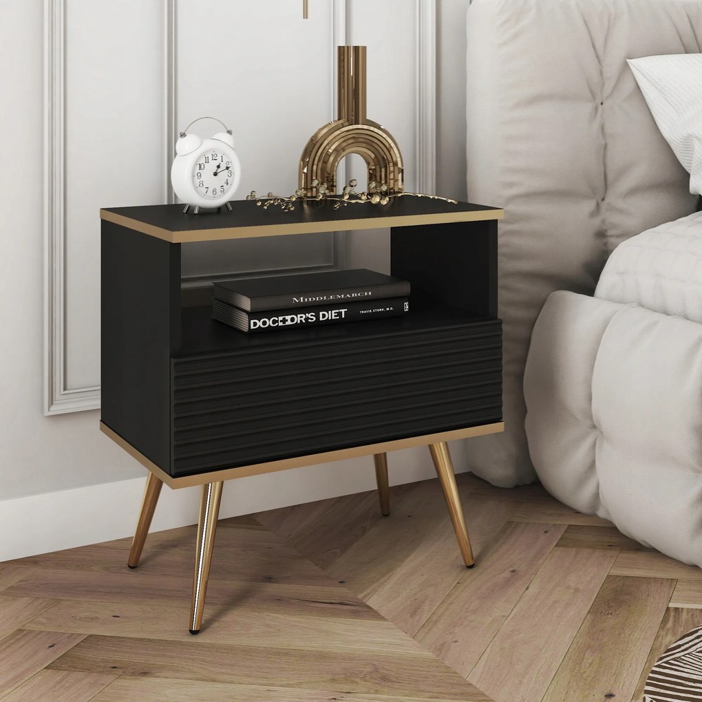 Komodee Elegáns Éjjeliszekrény Banff S54 Mdf Fekete Arany Lábak Díszítés