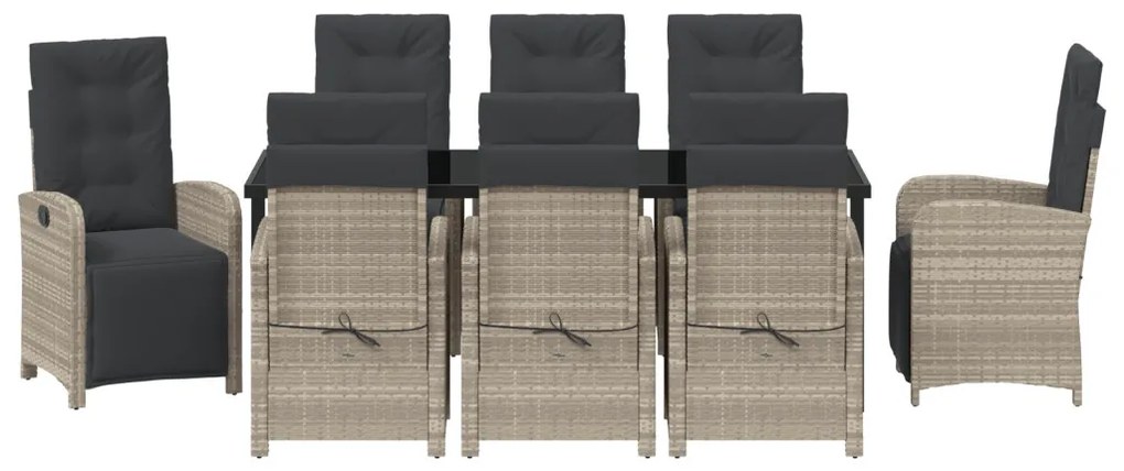 9 darabos kerti étkezőgarnitúra párnákkal, világosszürke poli rattan, fekete kültéri asztal 200x80x73 cm edzett üveggel