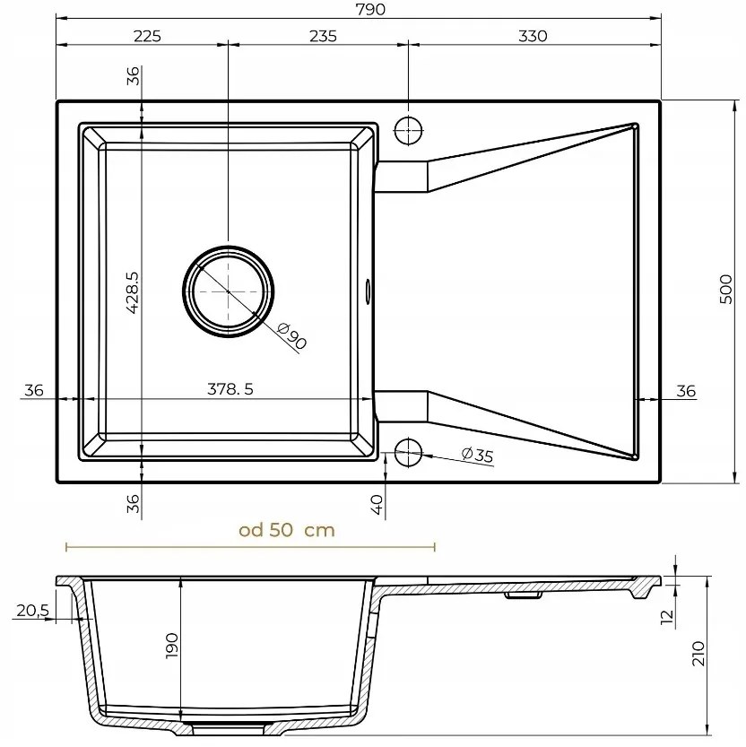 Mosogató Minőségi Obszidián, konyhai gránit mosogató 790x500x210 mm + fekete szifon, fehér, SKQ-OBS.W.1KDO.XB