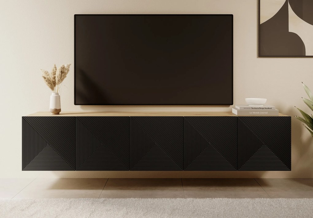Asha fali TV szekrény 200 cm, bordázott előlap - artisan / fekete matt